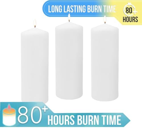 Stonebriar 3 Pack Tall 3 x 8 Inch 80 Hour Long Burning Unscented White Wax Pillar Candles - Image 5
