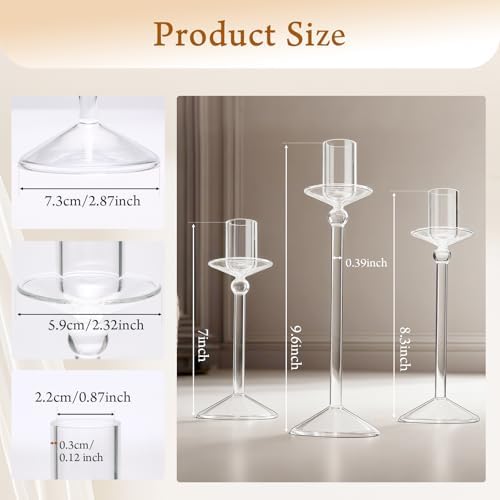 CHILL RECIPE Candle Holder Glass Taper Candlestick Holders with Built-in Candle Drip Protectors for Table Centerpiece Wedding Party (Clear 3Pcs) - Image 4