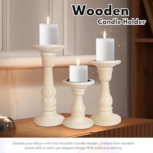 Wooden Pillar Candle Holders, White Antique, 10/8/6", Set of 3 - Image 2