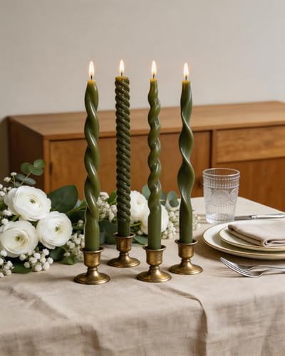 Olive Green Taper Candles Spiral Candlesticks Unscented Smokeless Tall Candles for Wedding Holiday Dinner Party Home Decorative candles-10inch,4pcs - Image 3
