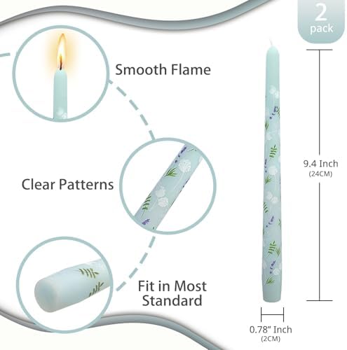 NJAO HOO Flower Candlesticks 10 in Straight Taper Candles Hand Printing Colored Blue Candlesticks Floral Tall Tapered Candle for Spring Home Garden Decor Simple Modern, 2Pcs - Image 3