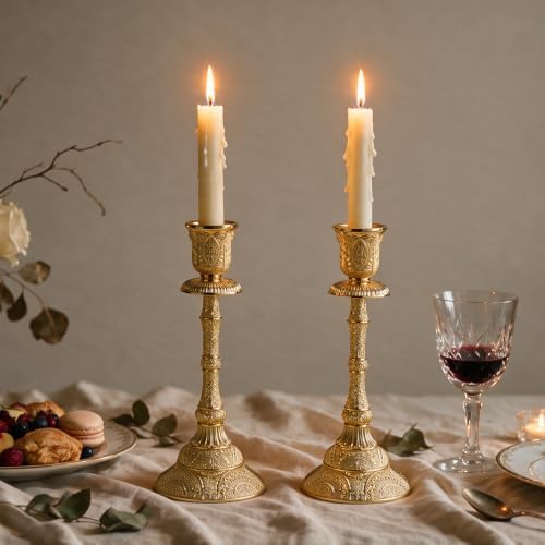 OwnMy Set of 2 Gold Taper Candle Holders Vintage Metal Candlestick Holders - Image 6