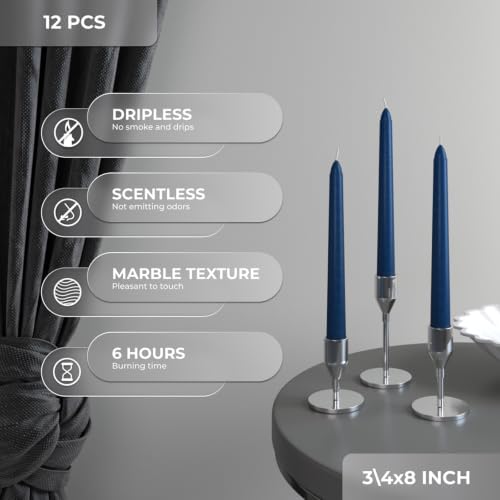CANDWAX 8 inch Tapered Candles - Set of 12 Dripless Dinner Candles - Dark Blue - Image 3