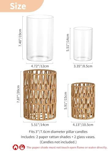 NUPTIO Boho Lanterns, Set of 2 Rattan Pillar Candle Holders with Glass - Image 2