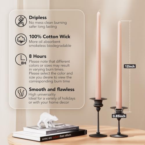 New Burning Formula Unscented Dripless 12-Inch Taper Candles Set of 12 - Pearl Blush, for Wedding, Dinner - Smokeless, Long Burning - Hand Poured, Colored Tall Candlesticks - Rubor Perla - Image 2