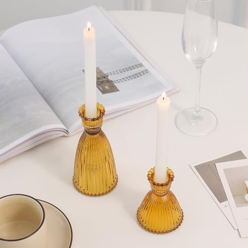 Vertical Stripe Candlestick Holders Set of 3, Premium Glass Candle Holders for Candlesticks and Taper Candles, Vintage Candle Holder Decor for Table Centerpiece, Amber - Image 4