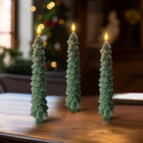 Homemory 3 Pcs Christmas Tree Candles with Remote, Waxy Flameless Taper Candles Flickering, Green LED Candlesticks Battery Operated for New Year Celebration Holiday Decorations 9.7 Inches - Image 7