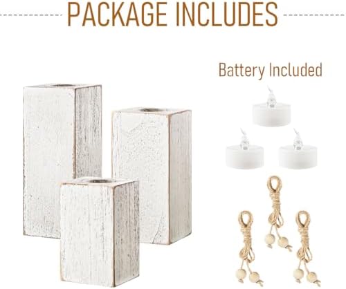 White Farmhouse Candle Holder with Flameless LED Candles Farmhouse Decor 3p - Image 3