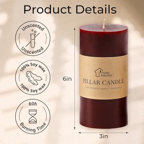 3x6 Inch Burgundy Pillar Candles Set of 3,Unscented Dark Red Pillar Candle - Image 6