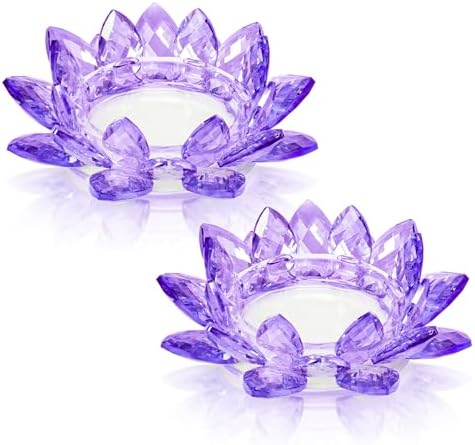 Large Crystal Lotus Tealight Candle Holder for Up to 6" Diameter Pillar Candle Plate Candlestick,Chunky Glass Votive Stand for Wedding, Party, Table Centerpiece Decor and Yoga Meditation (2, Purple) by KOLNLALA