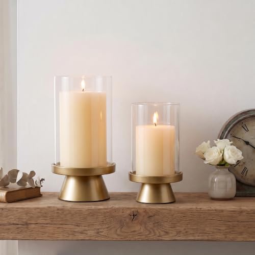Set of 2 Large Gold Hurricane Glass Candle Holders for 4&3" Pillar Candles - Image 5