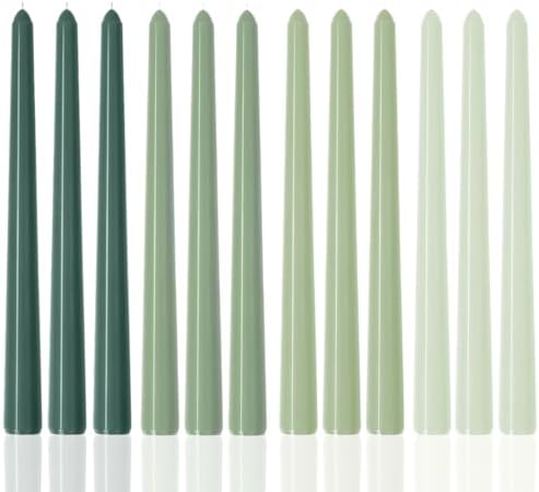 10 Inch Green Taper Candles-Dripless Unscented Spring Tapered Candle Smokeless Candlestick Long Slow Burning 8 Hours Tall Sticks for Christmas Wedding Dinner Parties 12 Pack by MAITREYA