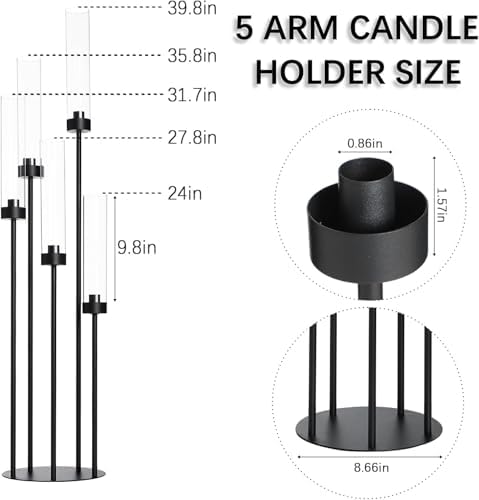 39.8''Matte Black Candle Holder with Acrylic Shades Tall 5 Arm Candelabra Black Table Centerpiece 8PCS for Wedding Living Dining Room Fireplace Decoration Fit 0.98''LED Taper Candle - Image 4