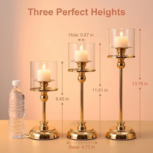 3PCS Gold Hurricane Candle Holders, Glass Hurricane Candlestick Holders for Pillar Candles, Tall Metal Candle Holders with Removable Glass Shade for Wedding Centerpieces, Dining Table Decor - Image 2