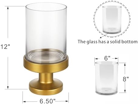 6" Wide Glass Hurricane Candle Holders and Glass Vase with Metal Base in Antique Brass, Handmade and Sturdy Glass, Pillars, Flower Arrangement, Centerpiece, Dining Table, Console Table, Mantel - Image 2