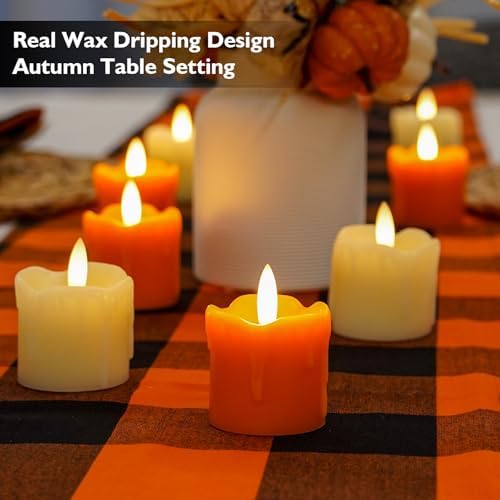 Rhytsing 2 inches Orange Flameless Votive Candles Real Wax Dripping Design, LED Faux Battery Operated Tealight Candles with Timer for Fall and Halloween, Batteries Included - Set of 4 - Image 2
