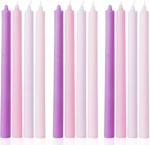 Ribbed Purple Taper Candles Set of 12 Unscented Dripless Smokeless Long Tall Tapered Candlesticks Wedding Advent Home Decor Dinner Christmas-Natural Color Series-10.6 Inch by MAITREYA