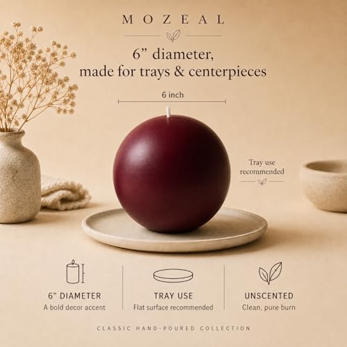 MOZEAL Hand-Poured, 6 Inch Burgundy Large Round Ball Candles - Elegant Burgundy Round Pillar Candles, Dripless, Unscented, Smokeless, Ideal for Intimate Gatherings. - Image 3