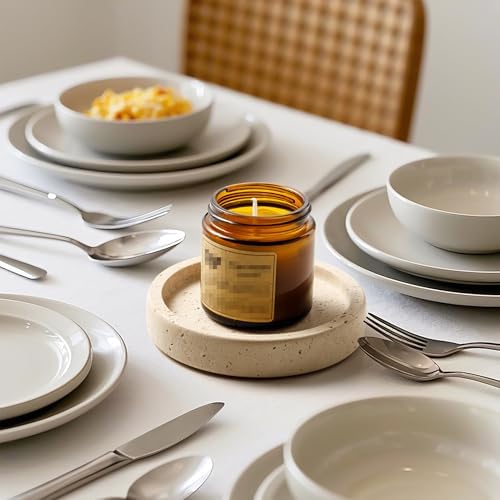 Candle Holders Italy Premium Natural Marble Candlestick Holder for Jar Pillar Candles Large Round Coaster Plate Jewelry Tray Centerpiece for Wedding Dining Table Home Decor Beige (WH063) - Image 2