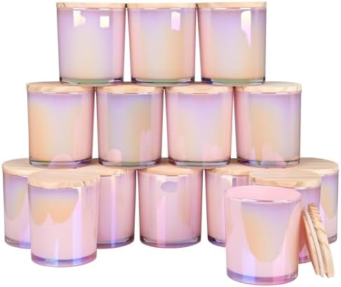 SHOWIN 10 OZ Thick Candle Jars for Making Candles 15 Pcs, Empty Jars with Wood Lids for Candle Making, Sample Container, Glitter Pink by Showin