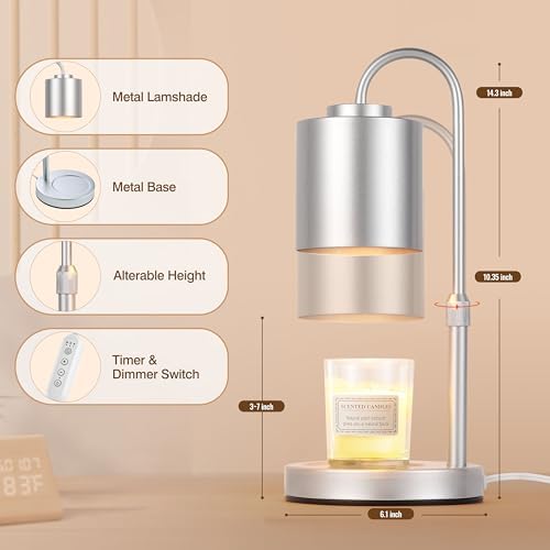 CASTLELIFE Candle Warmer Lamp with Timer & Dimmer, Height Adjustable Electric Wax Melt Warmer for Jar Candles, Gifts for Mom Home Decor, Silver - Image 2