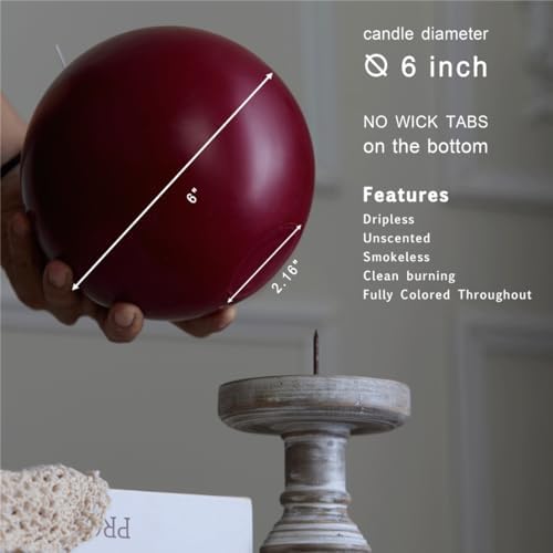 MOZEAL Hand-Poured, 6 Inch Dark Red Large Round Ball Candles - Elegant Dark Red Round Pillar Candles, Dripless, Unscented, Smokeless, Ideal for Intimate Gatherings. - Image 4
