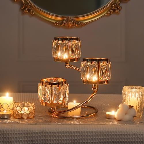 Metal 3 Arm Crystal Candle Holder - Tea Light Centerpiece Candle Holder, Votive Holder with Sparkling Crystal Bowl, Suitable for Wedding, Table Centerpiece, Home Decor (1, 3 arm-Gold) by KOLNLALA