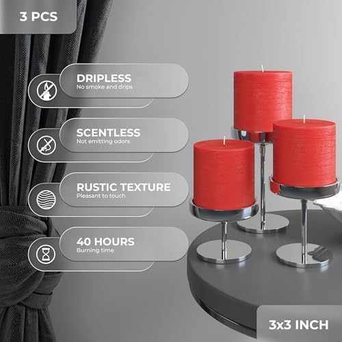 CANDWAX 3x3 Inch Red Pillar Candles Set of 3 - Unscented Smokeless Dripless Rustic Pillars - Perfect for Weddings, Centerpieces, Home Décor - Red Candles - Image 3