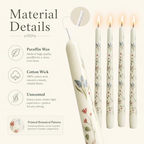 White Floral Taper Candles 10 Inch Set of 4 for Wedding Fall Table Decor - Image 3