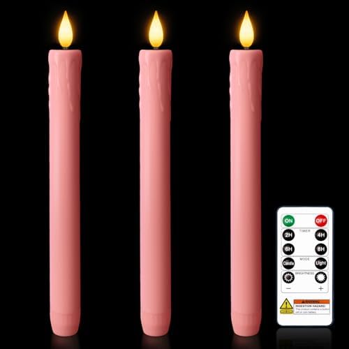 Homemory 3 Pcs Waxy Pink Flameless Taper Candles with Remote Timer, LED Fake Candlesticks, 9.6 Inches Battery Tall Candle with 3D Flickering Flame for Wedding, Dinner, Christmas Anniversary Decor by Homemory