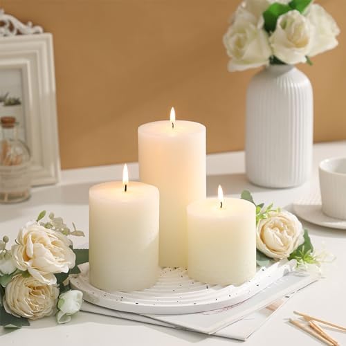 3x3 Inch White Pillar Candles - Set of 3, Hand-Poured Unscented, Long Burning, Smokeless Dripless for Dinner Table, Wedding, Home, Bathroom, Rustic Decor - Image 3