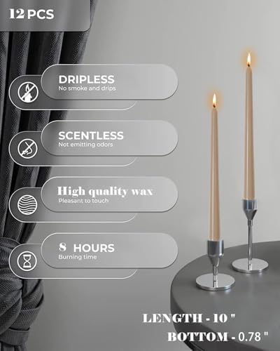 10 Inch Mocha Beige Taper Candles-Dripless Unscented Fall Tapered Candle Smokeless Candlestick Long Slow Burning 8 Hours Tall Sticks for Christmas Wedding Dinner Parties 12 Pack - Image 2