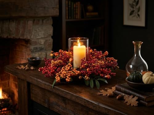 15" Fall Berry Candle Ring Centerpiece with Glass Hurricane Holder - Image 4