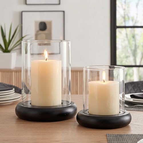 Set of 2 Black Hurricane Candle Holders with Wood Base, Modern Windproof Glass Cylinder Lantern, Farmhouse Pillar Candle Holder Decor for Table Centerpieces, Living Room, Patio & Kitchen Dining - Image 6