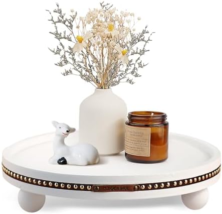Farmhouse Decorative Round Tray, 11.81 Inch, Versatile Centerpiece Tray for Coffee Table Kitchen Living Room Bathroom, Home Decor Accent White by Unknown