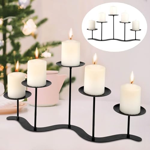 Wrought Iron 5-Arm Candle Stand, Heavy Duty S-Wave Pillar Holder by EALPVIS
