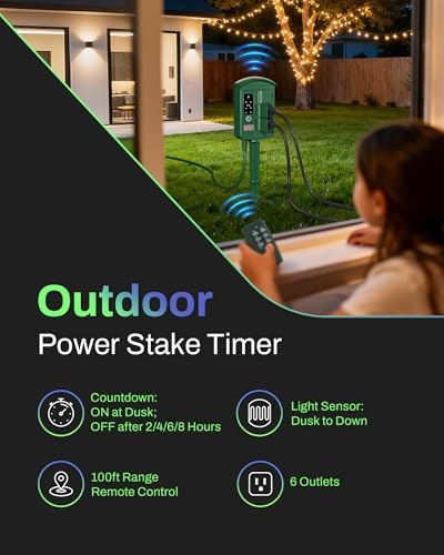 BN-LINK Outdoor Power Stake Timer, Remote Control，6 Outlets - Image 2