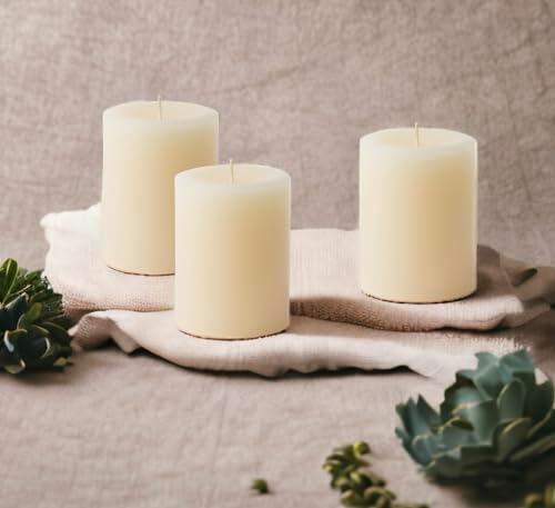 Mister Candle Dripless Unscented Ivory Pillar Candles, Set of 3 Hand Poured Solid Color Non-Scented Candles for Home Decor, Premium Wax, 60 Hr Burn Time - 3x4 Inch, Ivory - Image 3