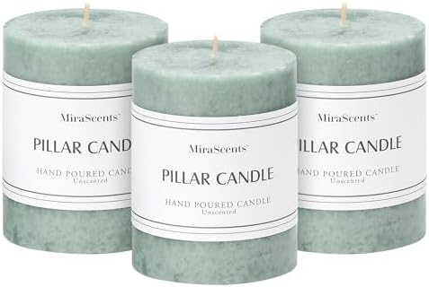 3x4 Inch Sage Green Pillar Candles Set of 3, Unscented Green Pillar Candle by MiraScents