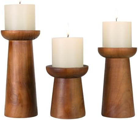 Pillar Candle Holders Set of 3， Wooden Candle Holders， Decorative Wood Candlestick Holders for Living Room, Table Centerpiece for Wedding, Christmas, Party, Home - 4", 6", 8" by CEDARLUX