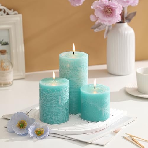 3x6 Inch Turquoise Pillar Candles Set of 3 - Unscented Candles, Long Clean Burning, Large Big Candles, Smokeless Dripless Pillar Candles for Dinner Table, Wedding, Home, Bathroom, Rustic Decor - Image 2