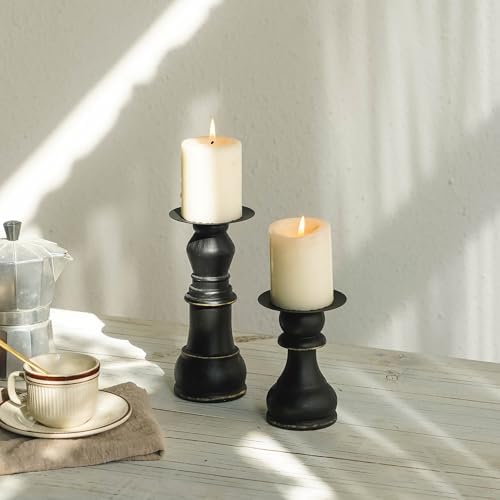 NIKKY HOME Farmhouse Wooden Pillar Candle Holders Set of 2, Black - Image 3