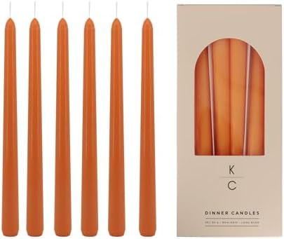 Tapered Dinner Candles, Pack of 6 – Soy & Paraffin Wax Blend, 10-Inch Dripless Taper Candles with 7-Hr. Clean Burn – Smokeless Unscented Tapers for Weddings, Dinner Tables & Home Decor – Orange by K%7CCKandleCo