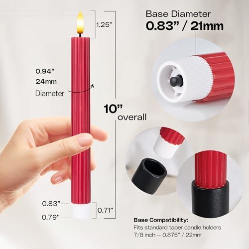 6 Pack, 10" LED Flameless Real Wax Red Fluted Ribbed Grooved Taper Candles, Remote & 24h Timer Memory, On/Off Button, Dimmable, Flicker Mode, Battery Operated, Wedding - Image 3