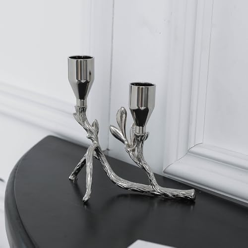 Modern Silver Tealight Tree Branch-Inspired Dual Metal Leaf Candle Holder 5.12"x4.57" Alloy Steel candlesticks Taper for Tables top Centerpiece Home Decor (Silvery) - Image 5