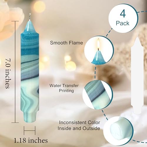7 inch Short Candle Blue Quicksand Print Candle 4 Pack Handmade Unscented Taper Candles Printed Candlestick Smokeless Tapered Candles for Home Dinner Wedding Holiday - Image 4
