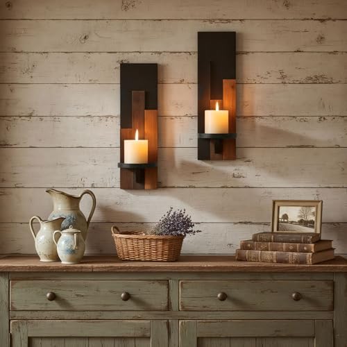 Wood Rustic Candle Sconces, Set of 2 Wall-Mounted Pillar Candle Holders, Antique Classical Wooden Candleholder for Farmhouse, Fireplace, Living Room, Bedroom, Rustic Home Decor - Image 2