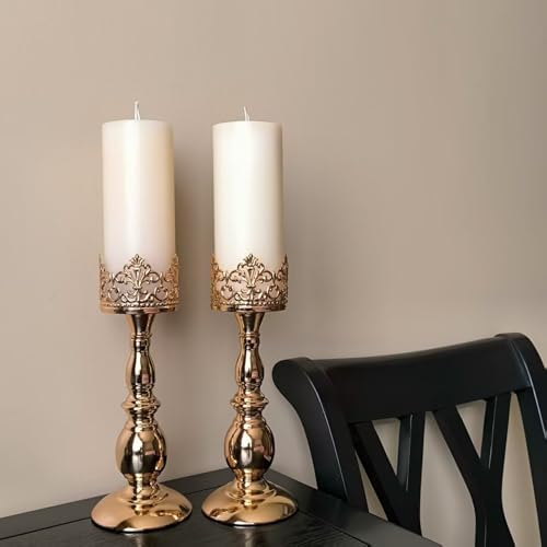 Candle Holders for Pillar Candles Gothic Gold Vintage Tall Candle Holders Set of 2 Decorative Large Table Centerpieces Candle Stand Decor (Gold 2PCS A) - Image 3