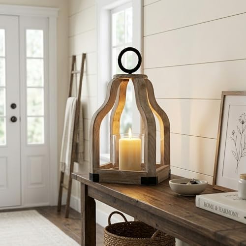 SWALLOWLIVING 13" Rustic Farmhouse Wood Candle Hurricane Lantern with Glass Candlestick Holder for Patio, Table Centerpiece, White Washed - Image 6