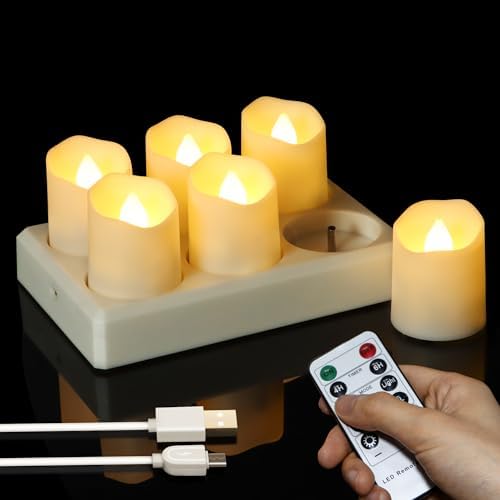 6 Pack Rechargeable Tea Lights Candles with Charging Base and Remote by Sanmli